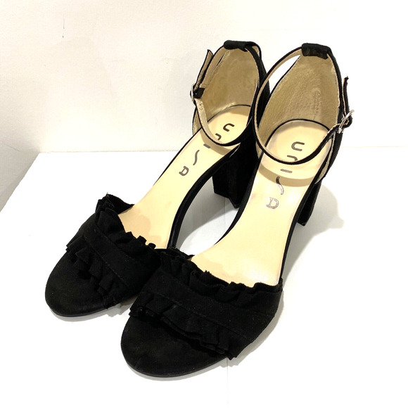 Unisa "Dian" dressy black faux suede high heel shoes ankle straps open toes 8M - Picture 1 of 10